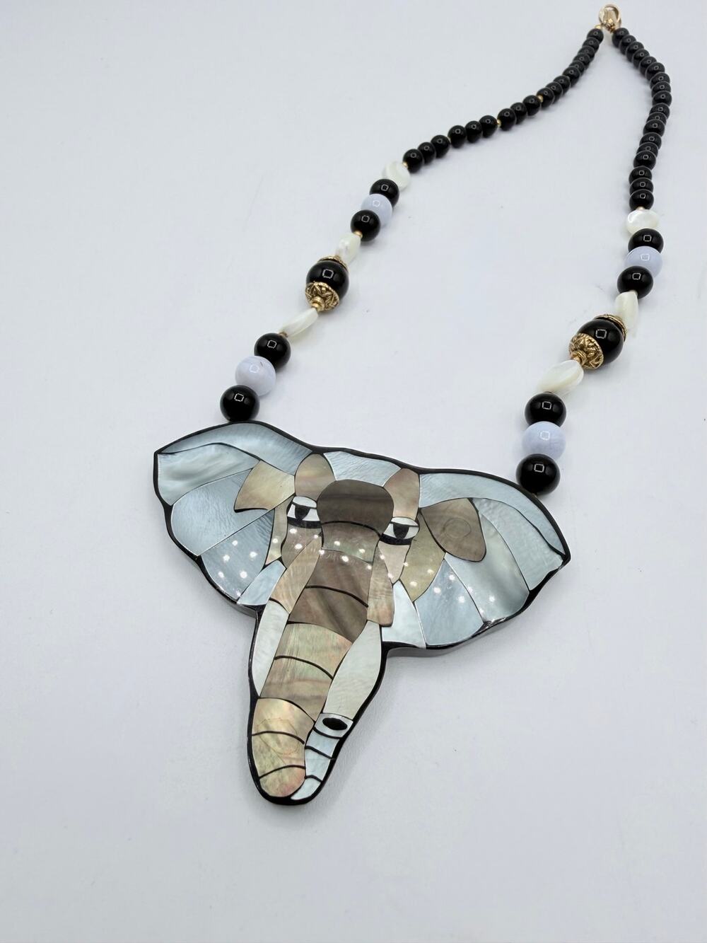 Statement Elephant Mother of Pearl Shell Inlay Beaded Necklace